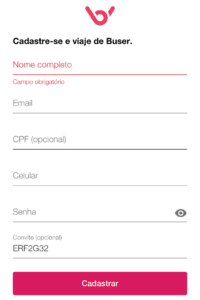 Página de cadastro do app Buser