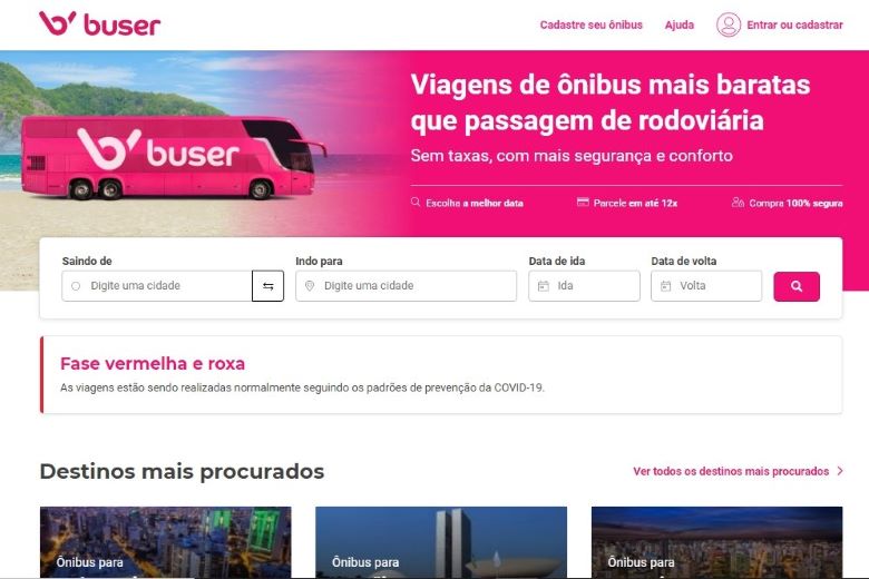 Página da Buser para busca das passagens de ônibus