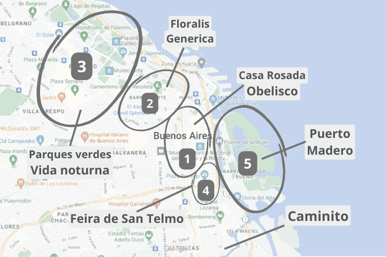 Mapa dos bairros de Buenos Aires onde é melhor se hospedar