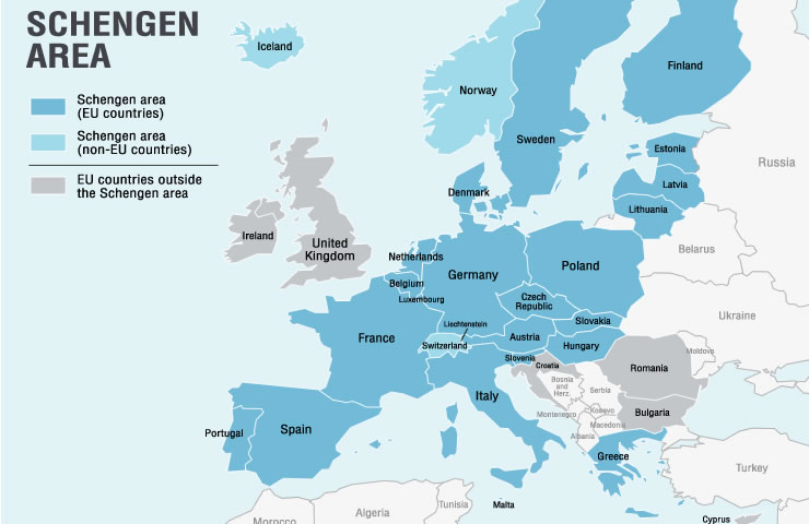 Mapa dos países do Tratado Schengen que exigem seguro viagem